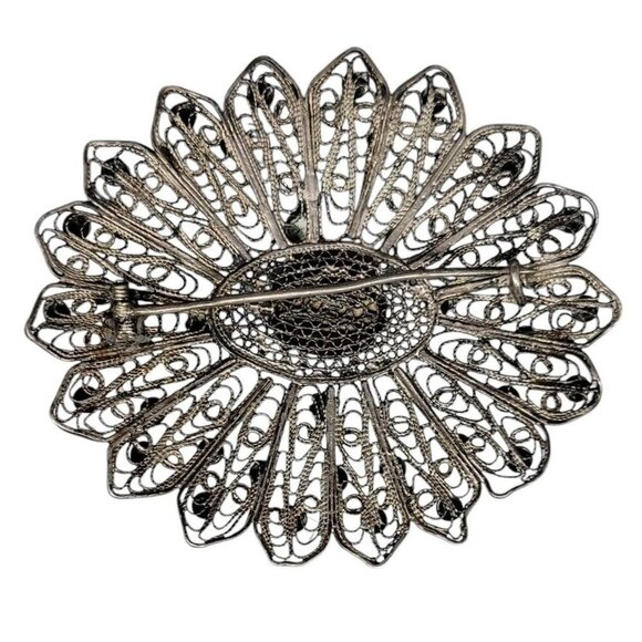 Antique Sterling Carnelian Filigree Brooch Large Oval Starburst Cabachon Gem - Picture 5 of 5